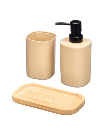 Set dozatora za sapun i čaša na bambus podlozi - Beige