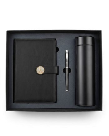 Gift set in a black box containing a leather notebook, a silver pen, and a black insulated bottle (thermos).