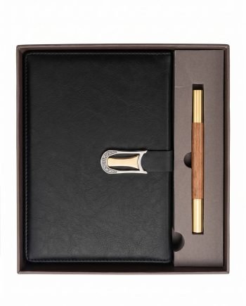 Black leather notebook with a gold-accented decorative buckle, paired with a two-tone wooden pen in a gift box.