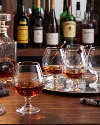 Bar setup with an amber spirit in a snifter, a glass of whiskey on a wooden bar, and bottles lined up in the background.