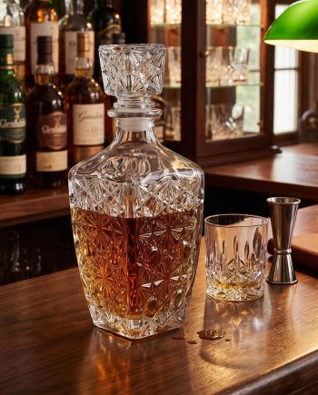 Crystal decanter half-full of amber whiskey on a wooden bar, with a matching glass and a metal jigger nearby, bottles on the back bar in view