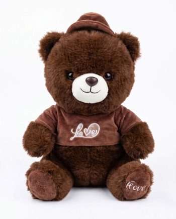 Brown plush teddy bear wearing a matching brown outfit and hat, with 'Love' embroidered on the shirt.
