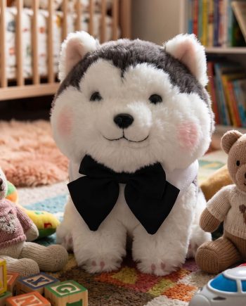 Plush husky toy wearing a black bowtie, sitting on a colorful rug with toys nearby in a playroom.