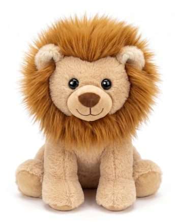 Soft plush lion toy facing camera with fluffy mane and stitched smile, beige body and black eyes used as a children's stuffed animal.