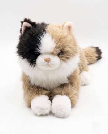 Soft plush calico kitten toy facing the camera on a white background.
