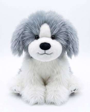 Cute plush dog toy with gray fluffy head and white body, facing the camera on a white background.