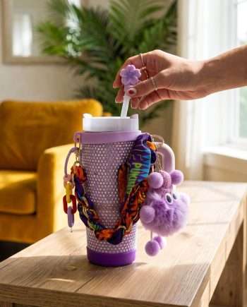 Close-up of a purple glittery tumbler on a wooden table, with colorful charms hanging from its side as a hand inserts a purple flower-shaped straw cap.
