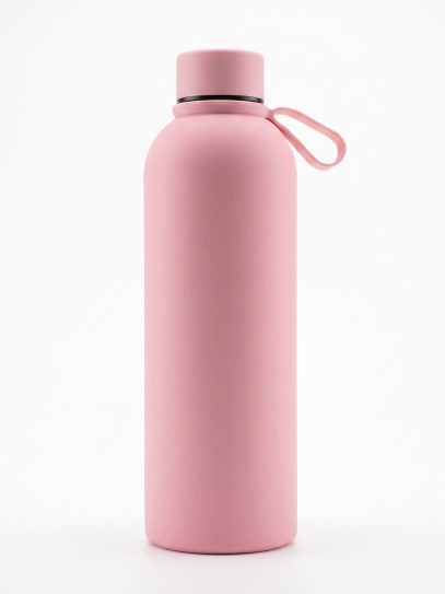 Pink insulated water bottle with a matching pink loop carry strap on a white background.