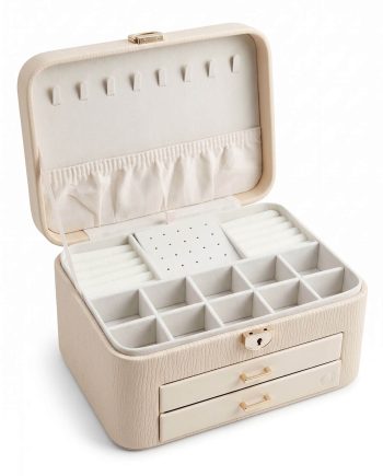 Beige jewelry box open to show multiple small compartments and a soft fabric lid pocket on the inside of the lid.