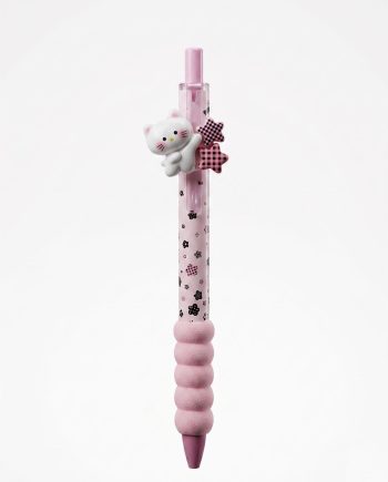 Pink novelty pen with a white cat charm and pink star decorations on the barrel