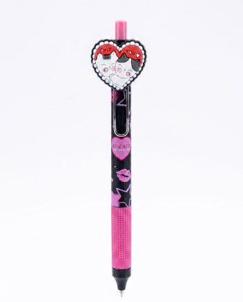 Pink and black mechanical pencil with a heart-shaped topper featuring two cartoon cats and the words 'Only You'.