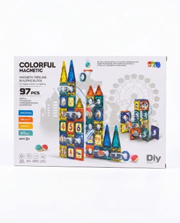 Box for a colorful magnetic building block set, featuring image of stacked, rainbow-colored blocks forming towers and structures on the packaging.