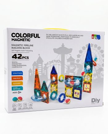 Box for Colorful Magnetic Building Blocks set with 42 pieces and colorful plastic shapes forming a structure art display on the front panel.