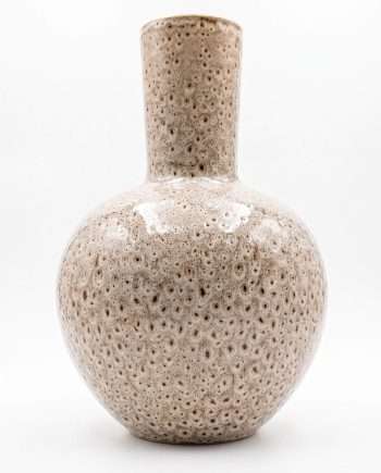 Cream-colored ceramic vase with a tall neck and a bubble-textured glaze, set against a white background.