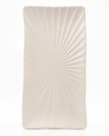 Tall rectangular beige ceramic vase with a speckled surface and sunburst-like ridges on the right side
