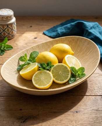 Beige oval plate with whole and halved lemons and sprigs of mint on a wooden table, sunlight highlighting the citrus.