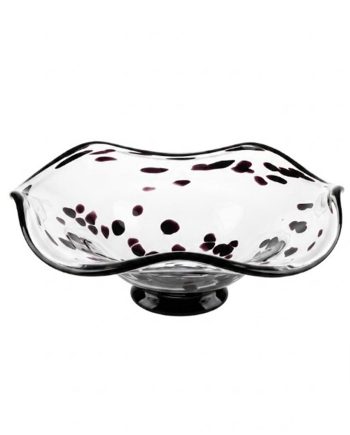 Clear glass bowl with a scalloped, wavy rim and dark pedestal base, empty.